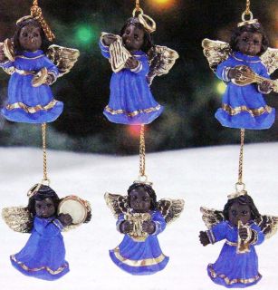 Black, African American Musical Angels, Set of 6 Christmas Ornaments