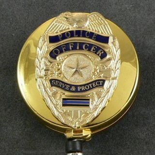 Generic Police Emblem Blue Line Retractable ID Badge Holder Reel Gold
