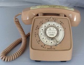 Vintage Beige GE Rotary Style Desk Telephone  w Bank Advertising 