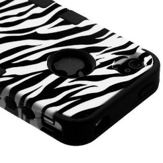 Apple iPhone 4 4S Hybrid Fusion Hard Case Silicone Cover Zebra Black 