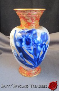 Antique Royal Doulton Burslem Flow Blue, Red & Gold Iris Vase Imari 