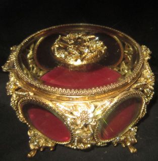   Bird Vintage JEWELED Vanity Dresser gilt Jewelry casket Box bevel