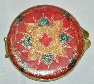 Vintage Tooled Leather Mirror Powder Compact Gilt Gold Red Green Puff
