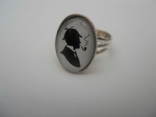 VICTORIAN SHERLOCK HOLMES SILHOUETTE CAMEO ADJUSTABLE SILVER RING