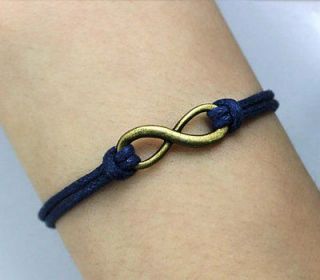    antique bronze karma bracelet, infinity wish wax cord blue bracelet