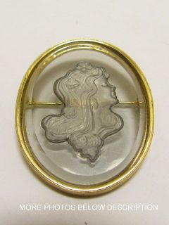 Vintage Antique Cameo Clear Oval Open Back Reverse Carved Pin Brooch