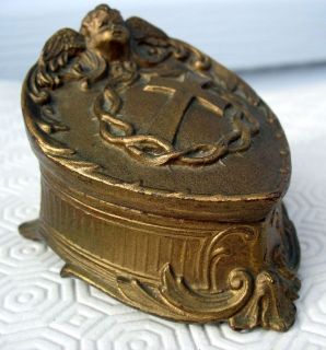 Vintage Victorian Jewelry Rosary Medal Box Ornate W Angel Crucifix 