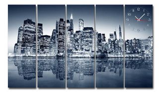 Manhattan With Reflection Modern Wall Clock Set Of 5 Canvases FRAMED 