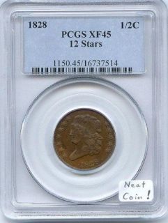 1828 12 Stars Half Cent PCGS XF 45 Neat Coin