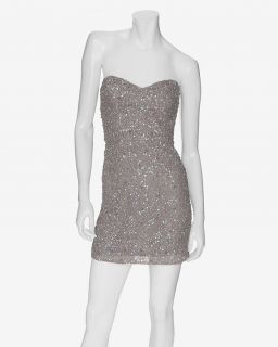 PARKER CLUSTER SEQUIN BEADED PEARL STRAPLESS SWEETHEART DRESS SILVER 