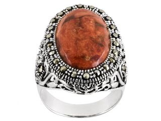 Womens Oval Red Coral & Marcasite .925 Sterling Silver Ring *FREE 