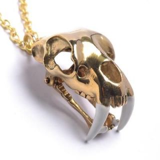 Vintage brass saber tooth tiger skull chain necklace pendant by 