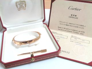 CARTIER 18k Rose Gold Love Bracelet Sz.17, Complete Set