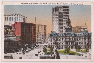   Michigan Postcard City Hall & Dime Bank Building Street Scene Unused