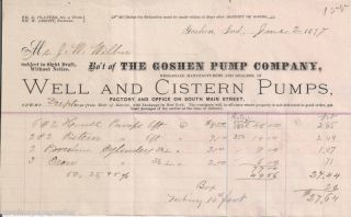 1877 Goshen Indiana Well & Cistern Pumps Company Billhead