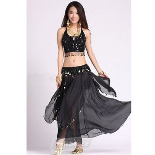 New Belly Dance Costume Handmade Flower Top + Skirt with Coins Black