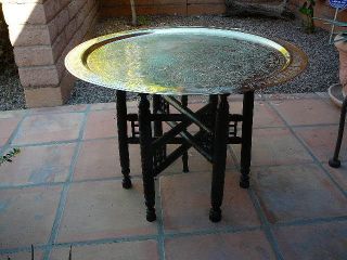 VINTAGE BRASS TRAY TABLE WITH FOLDING BASE
