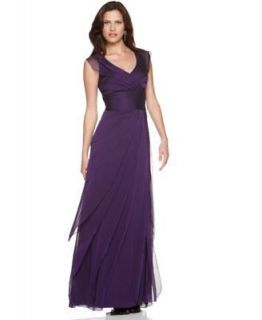Adrianna Papell NEW Purple Chiffon Tiered Ruffled V Neck Formal Dress 