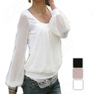   Women Round Neck Long Sleeve Chiffon Blouse Loose Shirt casual Tops