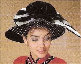 Women black and white church derby wedding hat with rose and mesh deco