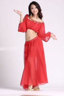Chiffon Gypsy Lantern long sleeves Top + pleat Skirt Belly Dance Dress 