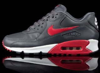 Nike Air Max 90 Essential Grey Red New Mens Leather Suede Trainers 