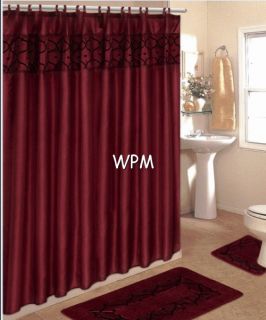   BATHROOM rugs set BURGUNDY bath rug fabric shower curtain mat/rings
