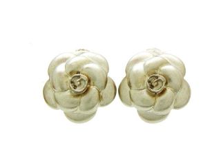 Authentic vintage Chanel earrings silver color camellia flower COCO # 