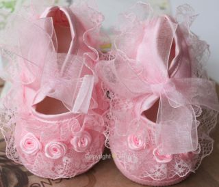 Pink/Ivory toddler baby girl shoes lace flower Size US 1 1.5 2 2.5