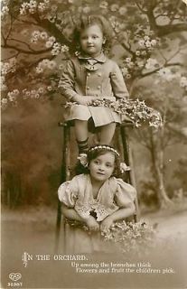 REAL PHOTO IN THE ORCHARD TWO CHILDREN ON LADDER K29727