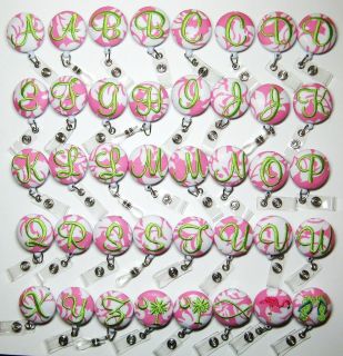 Monogram ID Badge Holder Reel Personalized Pink/Lime Damask Initial 