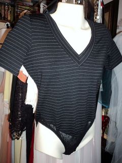   Anue Black White Stripe Knit Bodysuit Body Suit Short Sleeve M Leotard