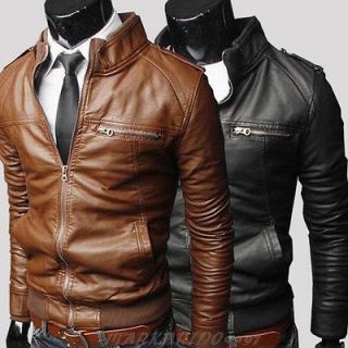 New Mens Slim Fit PU Leather Jackets Coat Brown,Black XS S M L 4size 