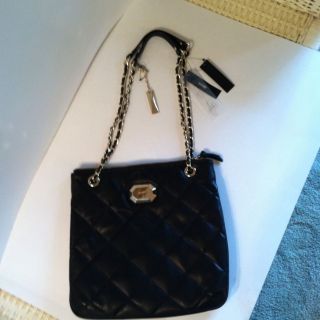 DKNY Genuine Leather Black Quilted Shoulder Bag Converts To Cross Body 