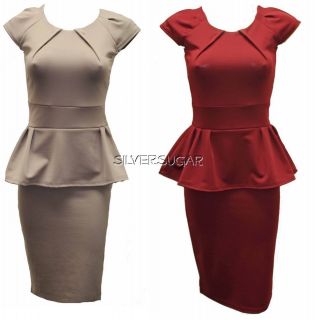   Peplum Frill Pleat Fitted Pencil Fitted Midi Dress 8 14 New Colours