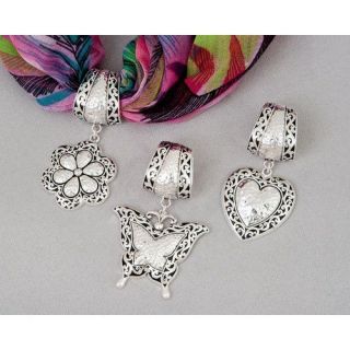 Silvertone Scarf Slide Tube, Clip, with Pendant   Butterfly, Flower 