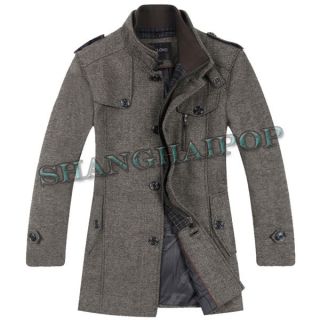   Neck Jacket Wool Blend Trench Coat Casual Slim Fit Peacoat Grey New