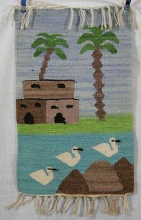 VINTAGE EGYPTIAN HAND WOVEN WOOL SWANS PALM TREES TAPESTRY WALL 