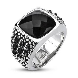   Steel Large Black Faceted CZ w/ Alligator Scales Ring Size 9 13