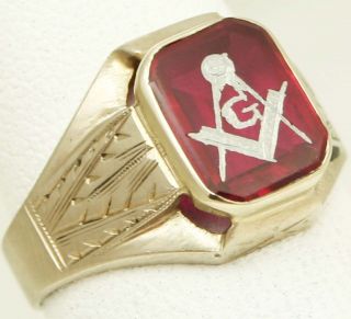   1920s Art Deco Masonic Symbol Etched Ruby 10k Solid Gold Mens Ring