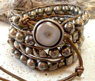 Pyrite Nuggets & Rounds Gemstone Handmade Beaded Leather Wrap Bracelet