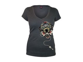 AUTHENTIC LUCKY 13 HEART LOCK AND KEY DEEP V NECK WOMENS SHIRT XL