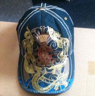 Christian Audigier Trucker Hat Cap Blue Gold Rhinestone Bling 