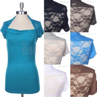 Solid Short Sleeve Plain Cowl Neck Tunic Top with Attached Floral Lace 