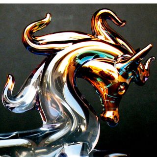 Horse Prancing Stallion Figurine Hand Blown Glass Gold