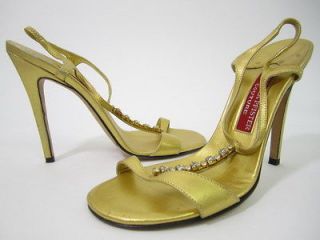   PFISTER COUTURE Gold Tone Leather Jeweled Sandals Sz 37 7 PAULA ABDUL