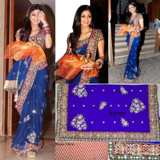 Indian Bollywood Replica Shilpa Shetty Royal Blue Designer Saree Sari 