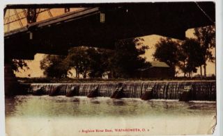 circa1910 WAPAKONETA Ohio Postcard Auglaize RIVER DAM & Bridge County