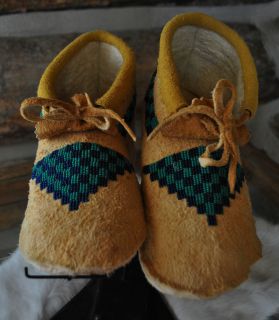 Beaded Moccasins, Smoked Hide, Cree Indian, Native American, Green 