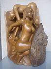 SIGNED HAND CARVED WOOD MOTHER AND CHILD SCULPTURE MARBLE STAND 1949 